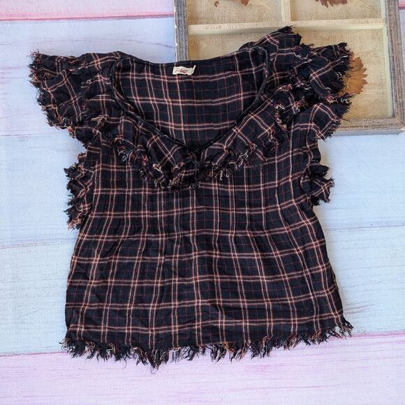 Faherty Yosepha Harper Red Plaid Ruffle Top Small Boho Flowy Holiday Rustic - Picture 1 of 7